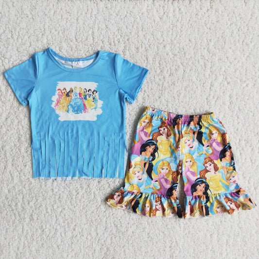 promotion A10-16 Princess tassel blue top cartoon short pants set