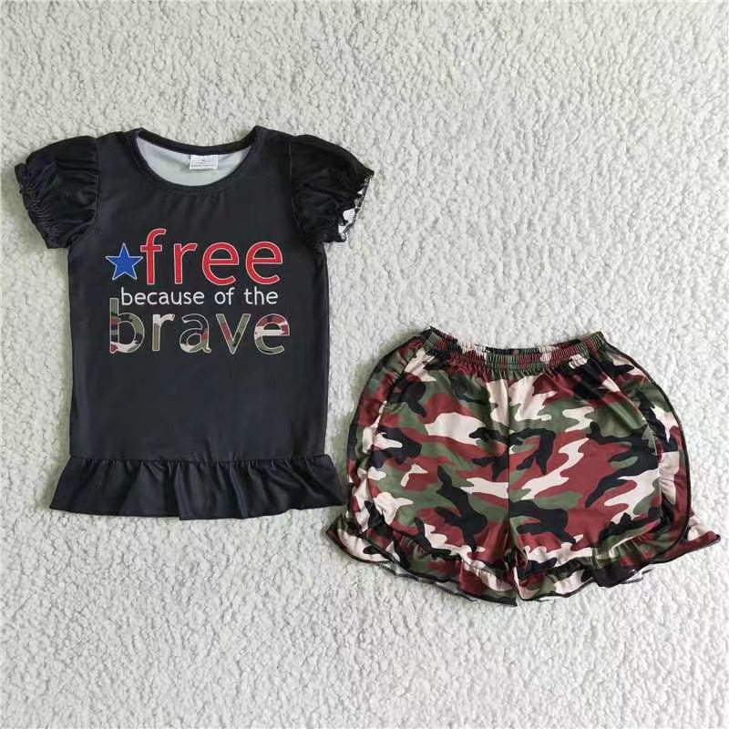 promotion A10-4 Free brave star ruffles short sleeve shorts camo girl outfit 20230505