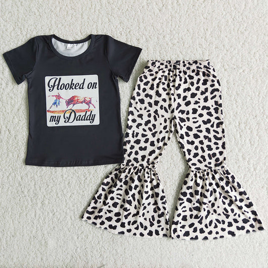 promotion A11-22 bullfight hooked on my daddy letter black leopard print short sleeve bell bottom pant girl outfit 202404