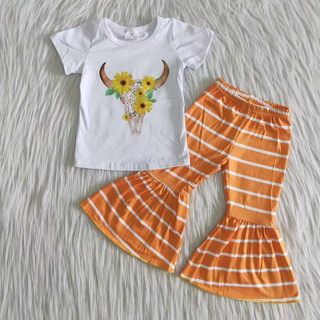 promotion A13-3 cow flowers orange stripe short sleeve bell bottom girl clothing set outfit