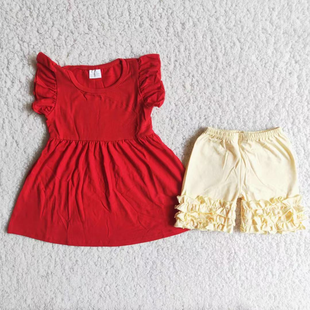 promotion A17-1 Red cotton blank puffy top set Rice white ruffles short sleeve shorts outfits 202404