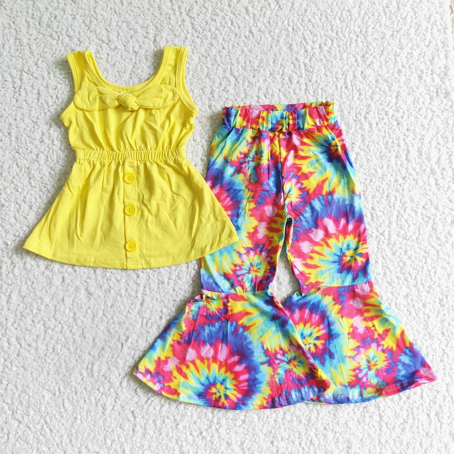 promotion A17-24 vest RTS shoulder straps top yellow bow tunic tie-dyed sleeveless bell bottom pants girl outfit 20230628 RTS