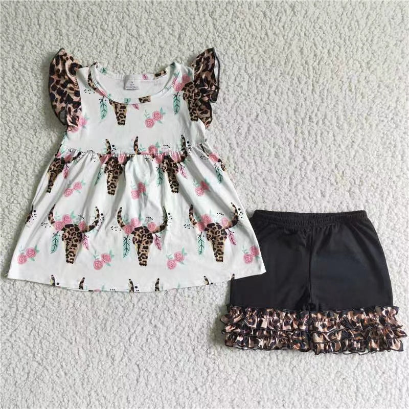 promotion A18-1 Cow head puffy leopard print black ruffles short sleeve shorts  girl outfit 20230429 RTS