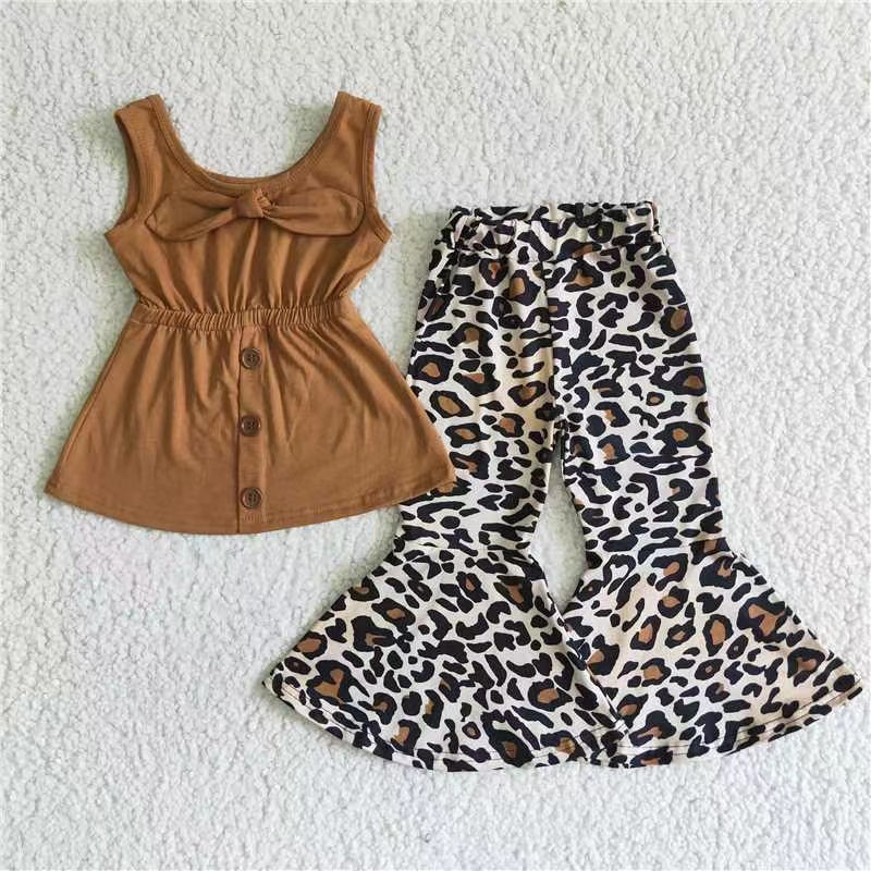 promotion A18-3 vest 0802 RTS shoulder straps top brown bow tunic leopard print sleeveless bell bottom pants outfits 20230520 RTS