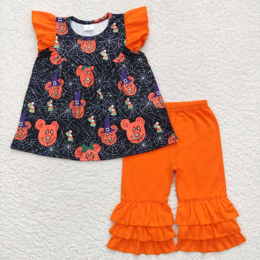 A4-13 Halloween orange cartoon mouse puffy short sleeve bell bottom pant outfit 20231005