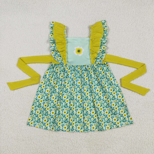promotion RTS A6-21 Sunflower pattern belt ruffles puffy sleeveless dress RTS