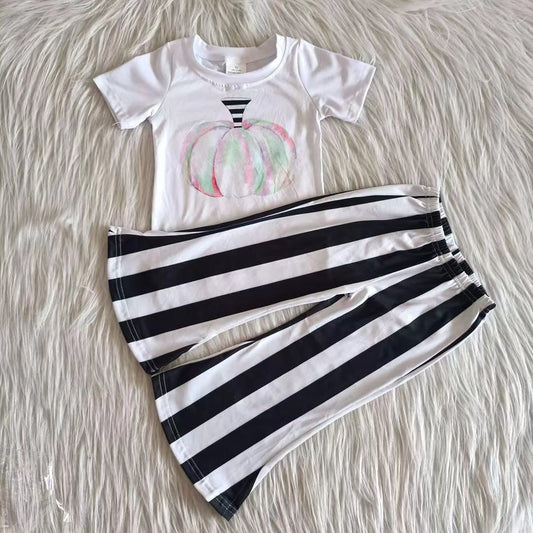 promotion A7-5 RTS 2pcs pumpkin white short sleeve stripe pumpkin bell bottom girl outfit