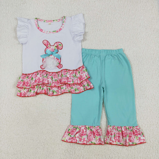 A9-1 Easter girl bow floral embroidery rabbit flutter lace short sleeve pants outfit RTS 202501