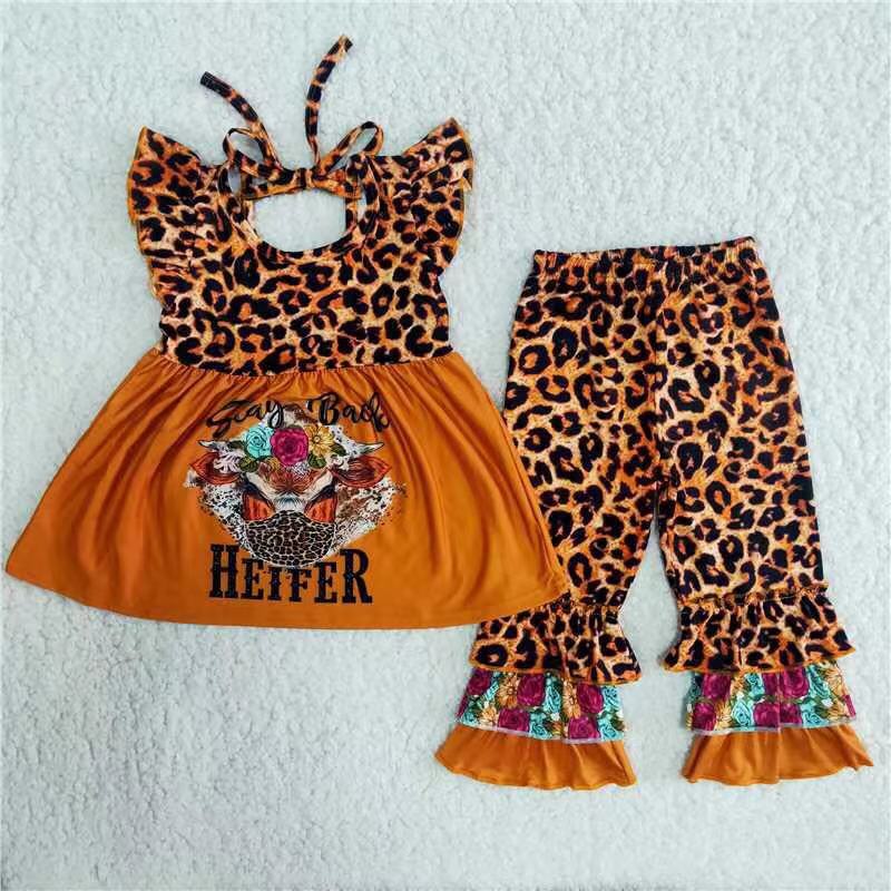 promotion B10-14 tiger short sleeve bell bottoms pants girls outfit