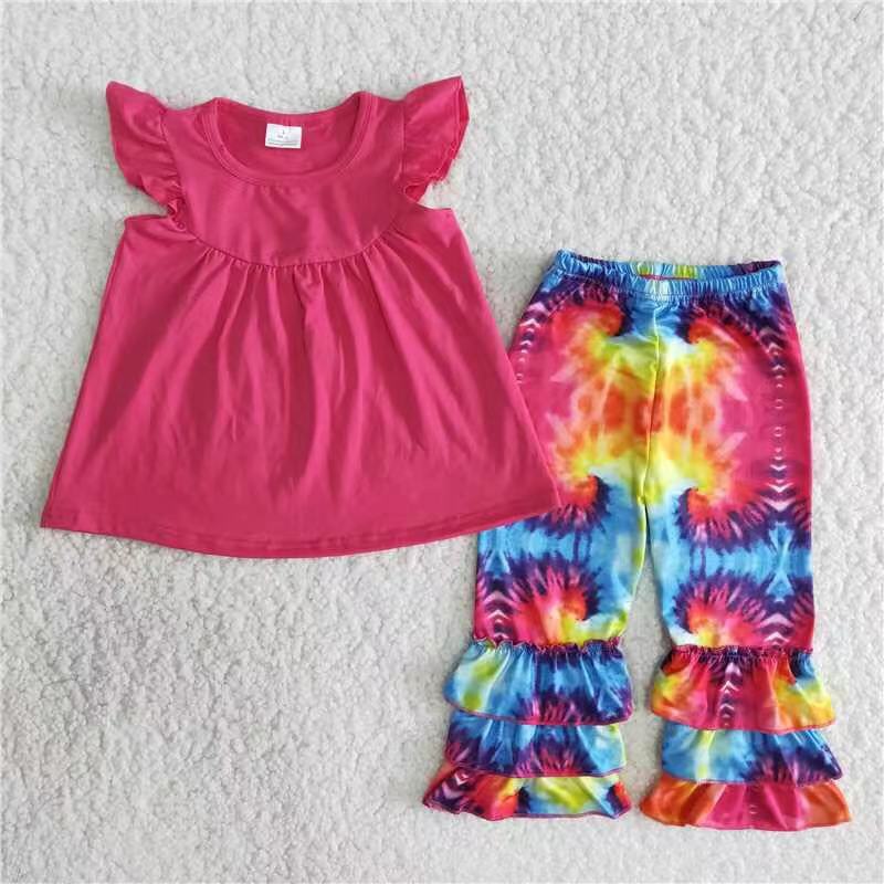 promotion B11-16 hot pink tie dye pink  short sleeve bell bottom pant girl outfit