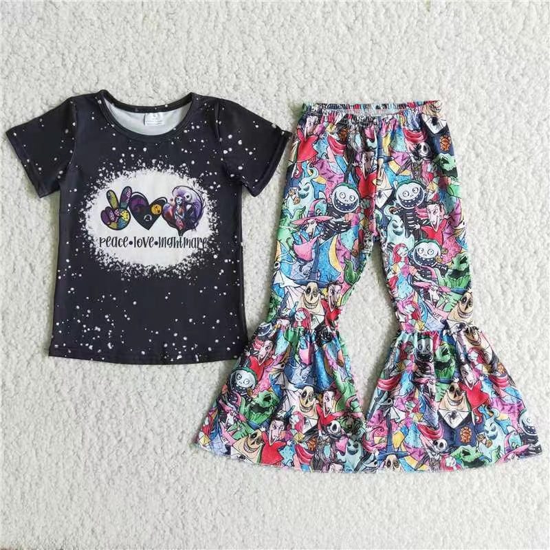 B12-13 cartoon night helloween cartoon peace love short sleeve girl outfit RTS