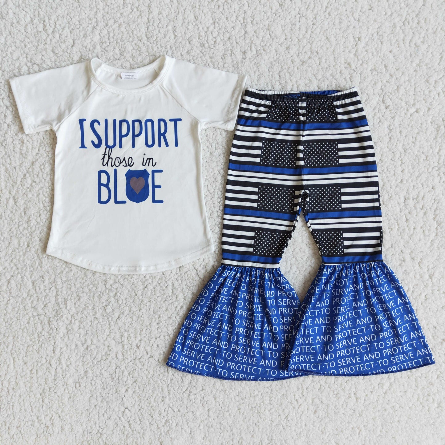 promotion B14-23 I SUPPORT BLUE letters flag blue stripe girl short sleeve bell bottom outfit 20230725