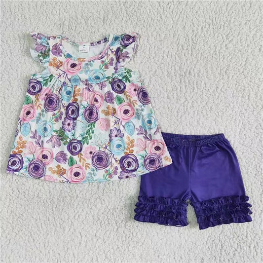 B17-27 floral purple flower flutter ruffles short sleeve shorts girl outfits 20230425 rts