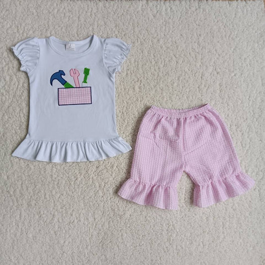 promotion RTS B3-1 embroidery girl tools pink plaid short sleeve shorts set