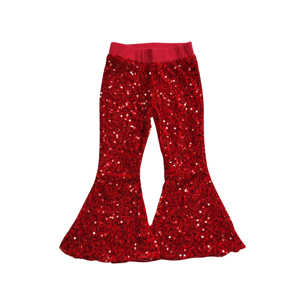 NO MOQ RTS B4-11 Girl Clothes Solid Red Sequin Print Elastic Waist Flare Bell Bottom Pants 202610