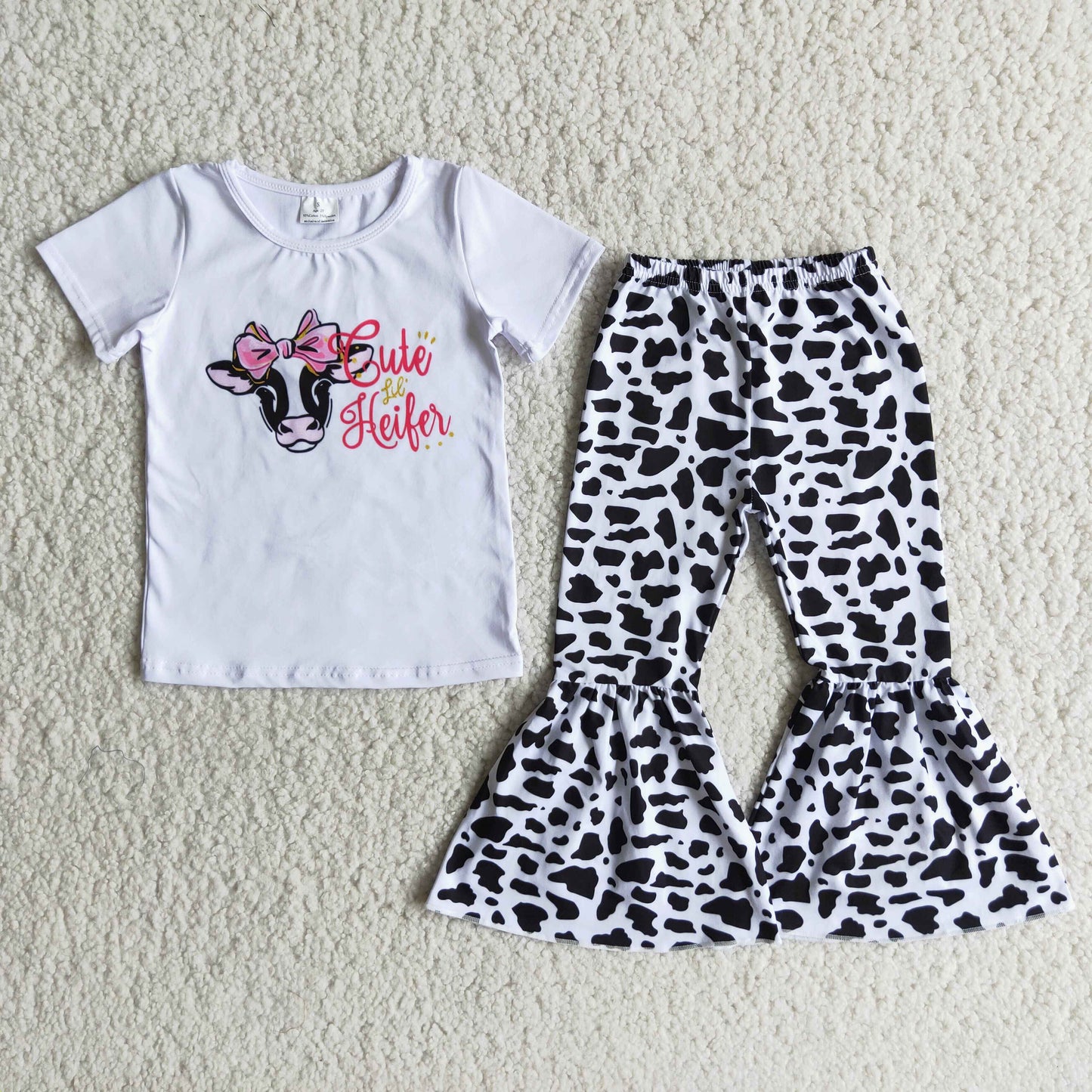 promotion B4-21 cute heifer letters leopard print white cow short sleeves bell bottom pant outfit