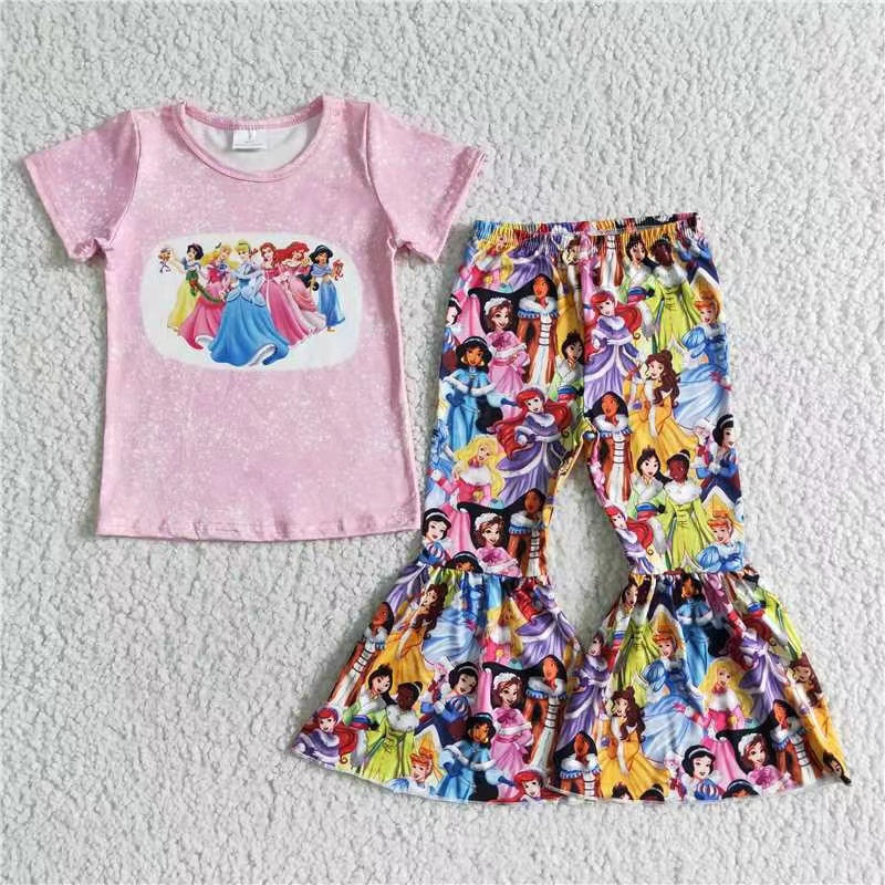 B7-22 cartoon princess pink short sleeve bell bottom pant girl outfits 20230811 RTS