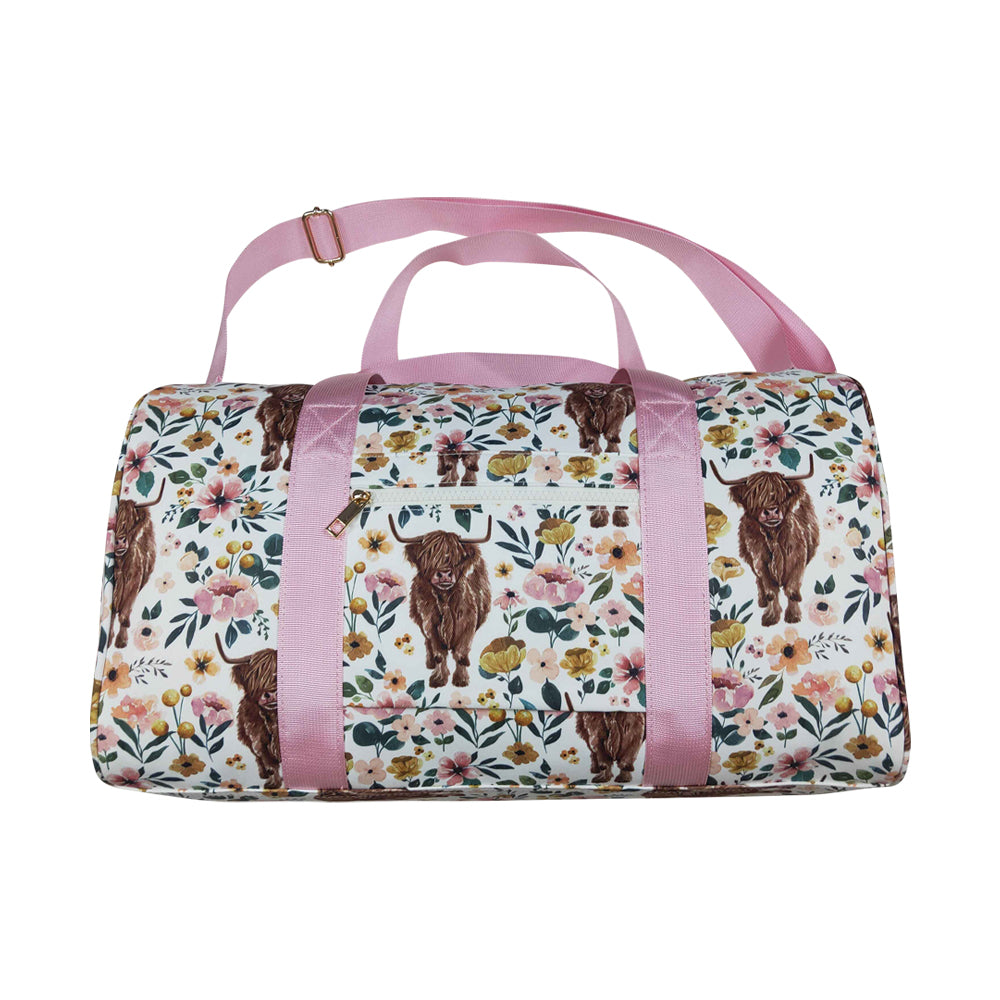 NO MOQ RTS BA0008 Kids Bag Highland Cow Floral Print Travel Duffle Bag 202610