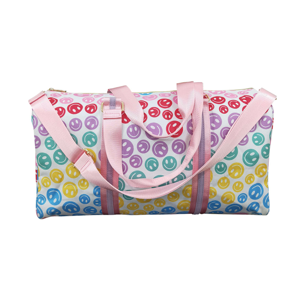 NO MOQ RTS BA0068 Kids Bag Colorful Smiley Face Print Travel Duffle Bag 202610