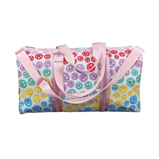 NO MOQ RTS BA0068 Kids Bag Colorful Smiley Face Print Travel Duffle Bag 202610