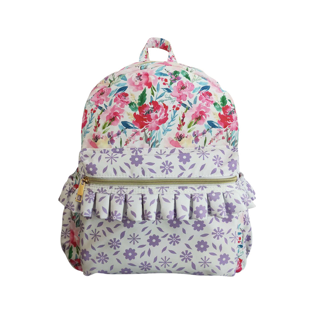 NO MOQ RTS BA0101 Kids Backpack Purple Floral Mixed Print Ruffle Decor Toddler School Bag 202610