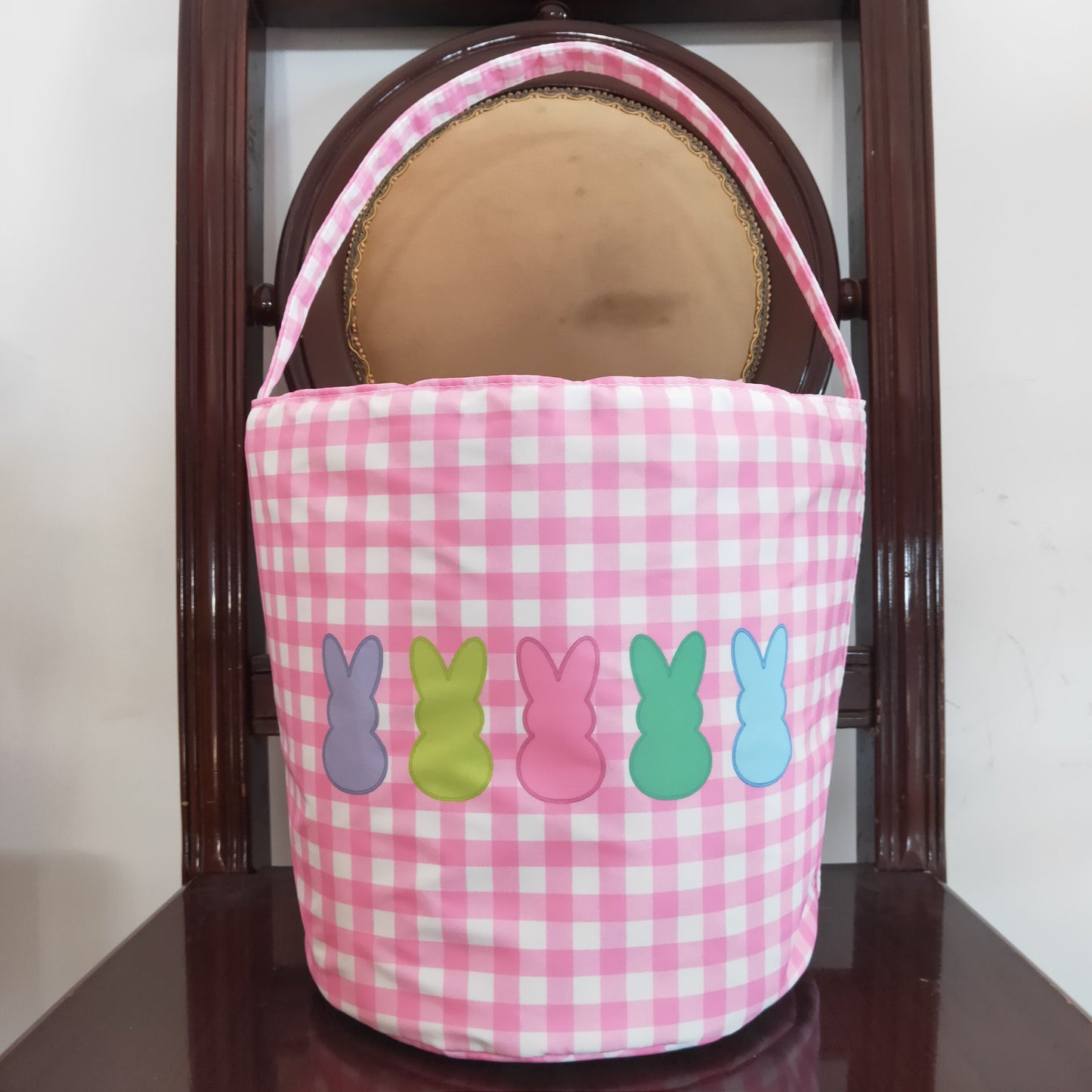 BA0160 plaid pink Easter rabbit canvas bucket bag RTS