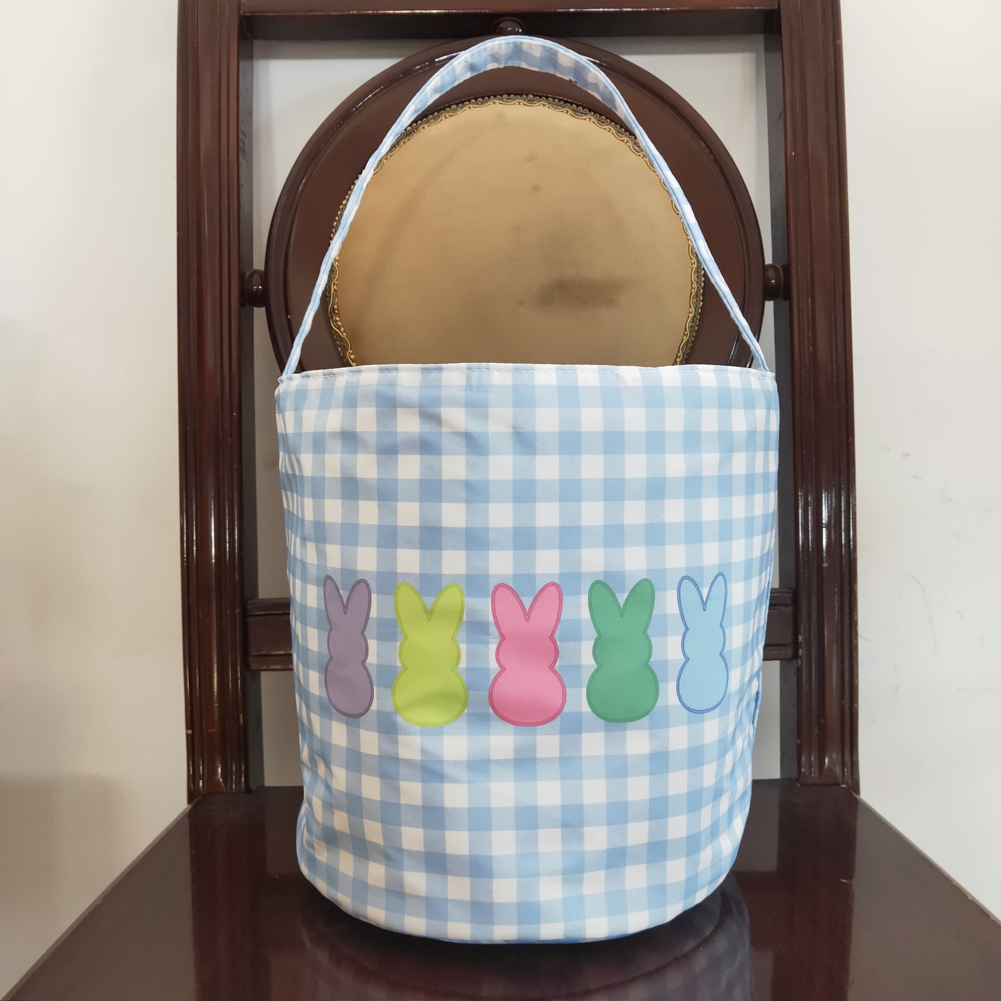 BA0161 plaid blue Easter rabbit canvas bucket bag RTS