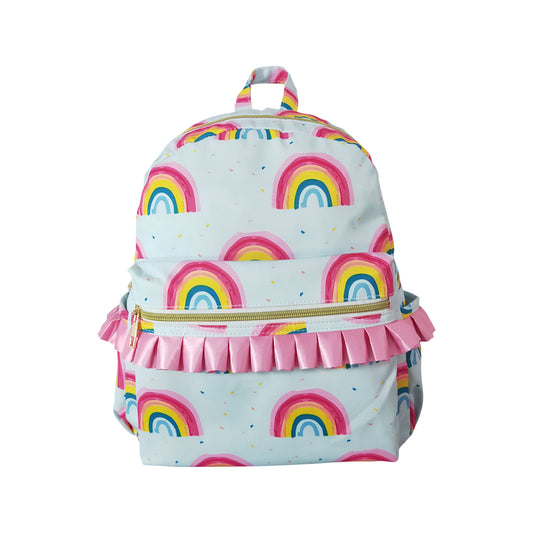 NO MOQ RTS BA0167 Kids Backpack Cute Rainbow Watercolor Print Pink Ruffle Decor Toddler School Bag 202610