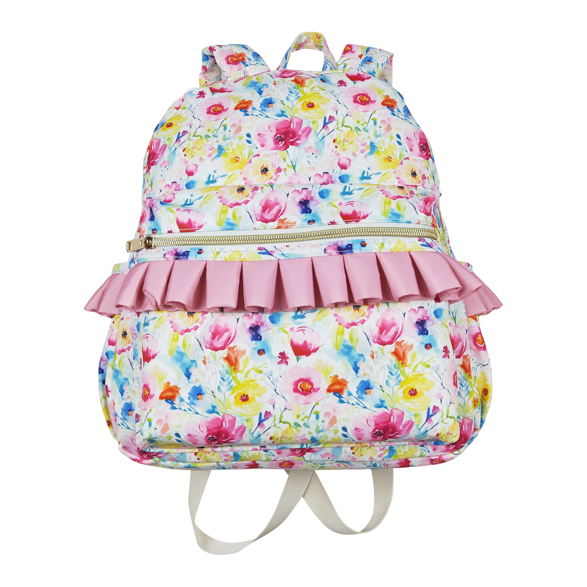 NO MOQ RTS BA0174 Kids Backpack Bright Watercolor Floral Print Pink Ruffle Children School Bag 202610