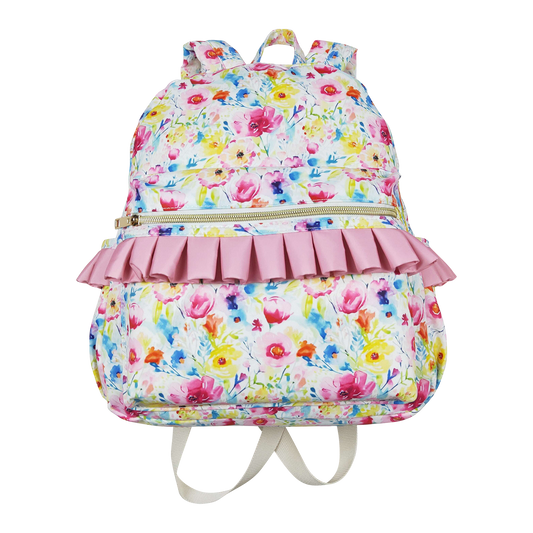 NO MOQ RTS BA0174 Kids Backpack Bright Watercolor Floral Print Pink Ruffle Children School Bag 202610