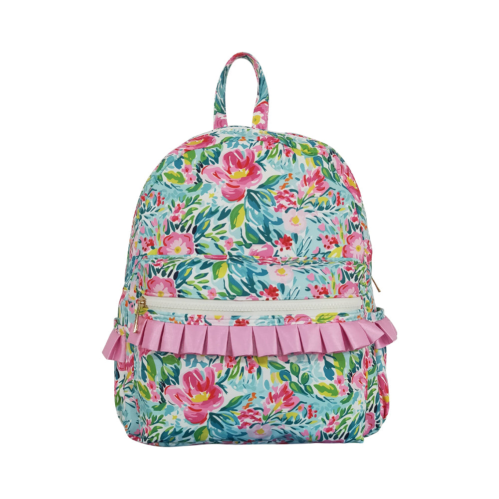 NO MOQ RTS BA0176 Kids Backpack Teal Base Vivid Flower Print Pink Ruffle Toddler School Bag 202610