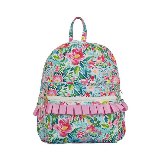 NO MOQ RTS BA0176 Kids Backpack Teal Base Vivid Flower Print Pink Ruffle Toddler School Bag 202610