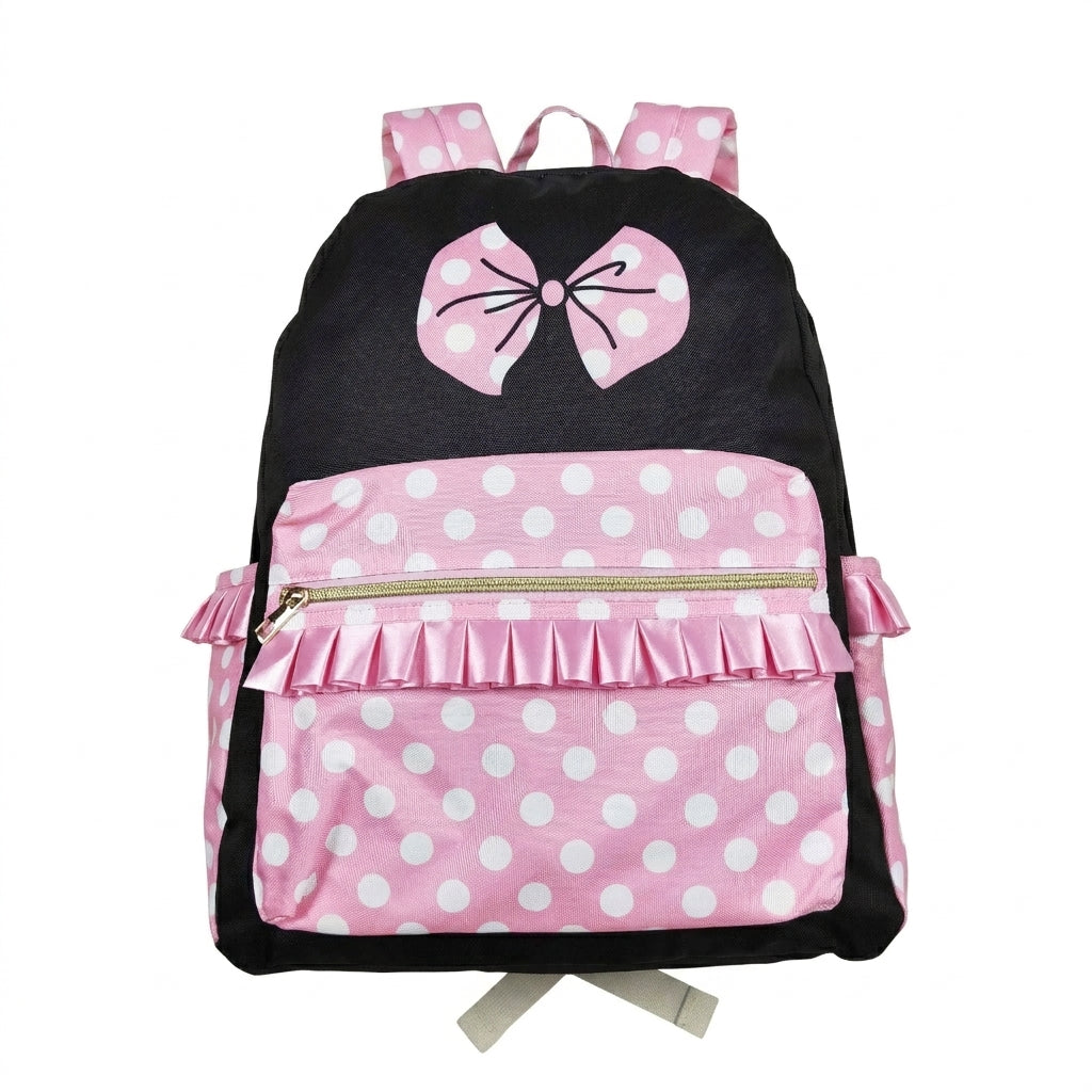 NO MOQ RTS BA0183(2) Kids Backpack Pink White Polka Dot Bow Print Ruffle Decor Children School Bag 202610