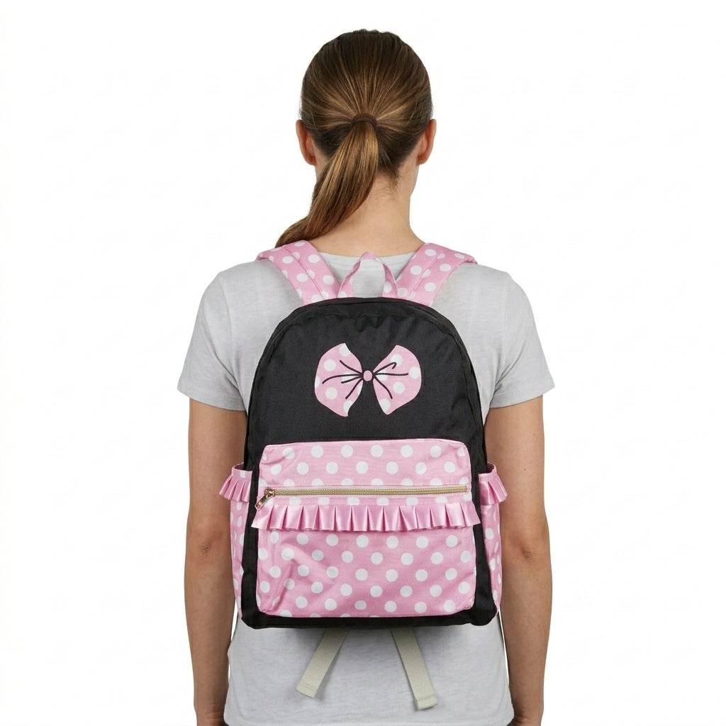 NO MOQ RTS BA0183(2) Kids Backpack Pink White Polka Dot Bow Print Ruffle Decor Children School Bag 202610