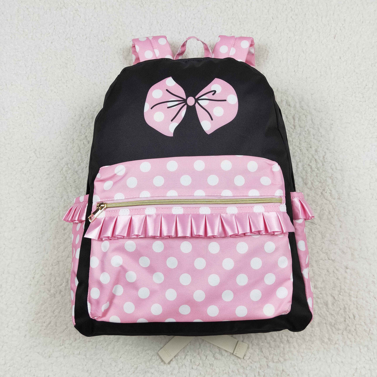 NO MOQ RTS BA0183(2) Kids Backpack Pink White Polka Dot Bow Print Ruffle Decor Children School Bag 202610
