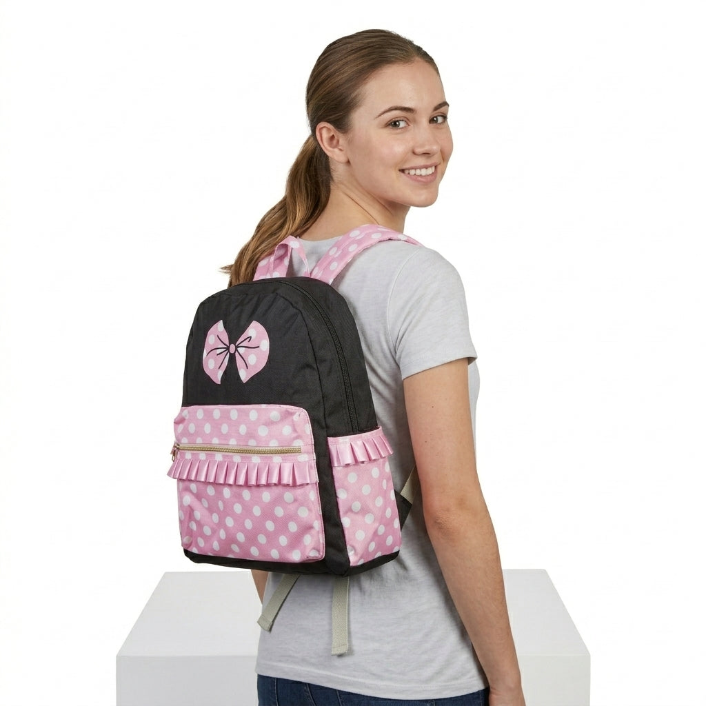 NO MOQ RTS BA0183(2) Kids Backpack Pink White Polka Dot Bow Print Ruffle Decor Children School Bag 202610