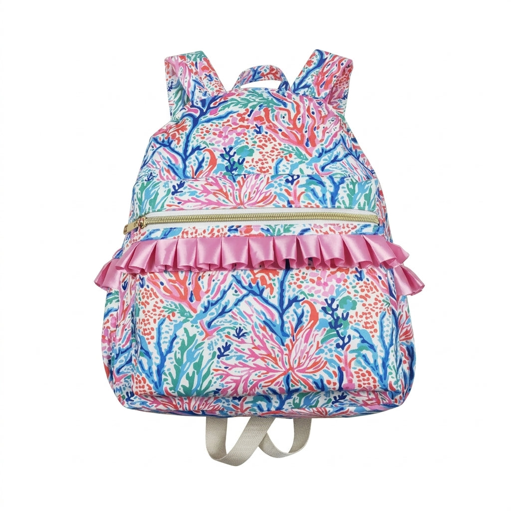 NO MOQ RTS BA0185 Kids Backpack Coral Seaweed Ocean Print Pink Ruffle Decor Kids School Bag 202610