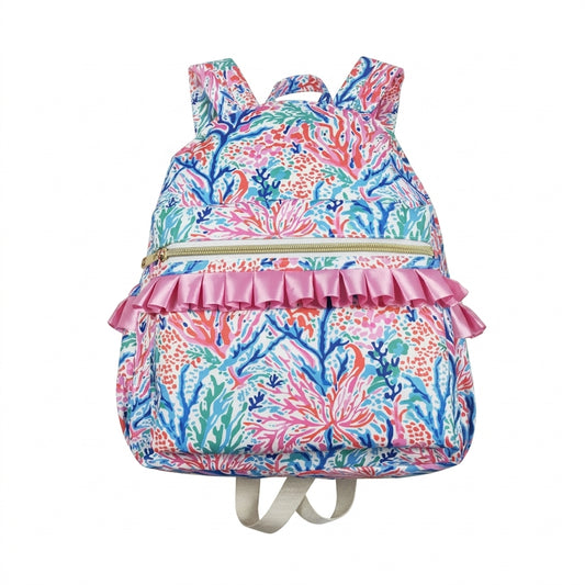 NO MOQ RTS BA0185 Kids Backpack Coral Seaweed Ocean Print Pink Ruffle Decor Kids School Bag 202610