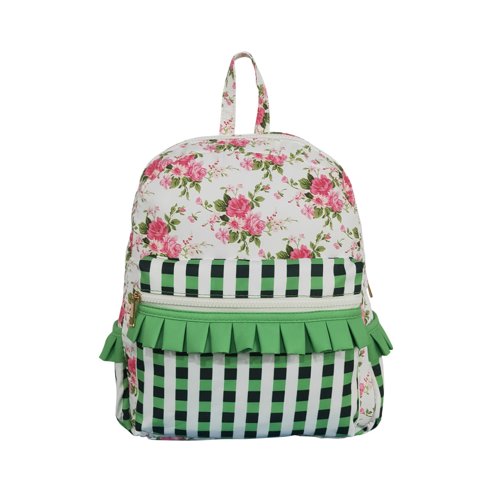 NO MOQ RTS BA0218 Kids Backpack Rose Floral Green Plaid Print Green Ruffle Children School Bag 202610