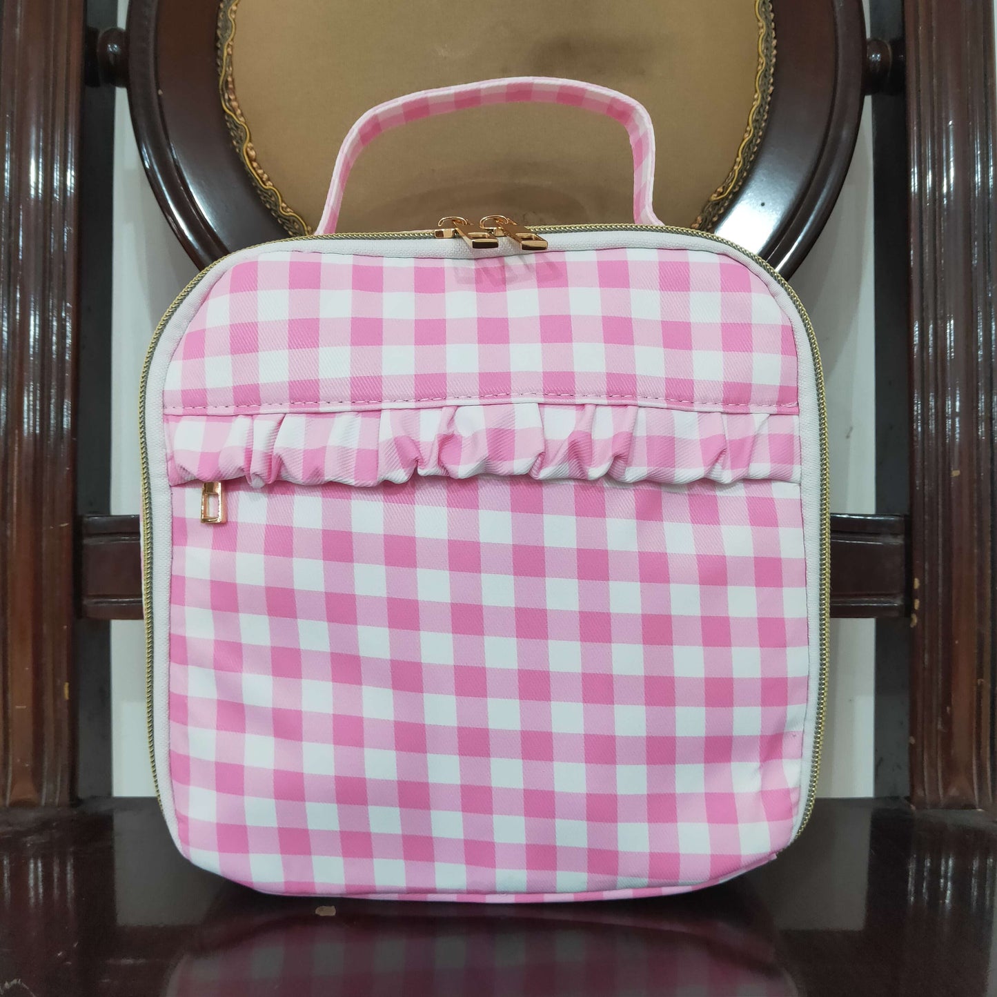 BA0283  sibling western RTS pink plaid meal box Lunch box bag 3.5*8.5*8.5  inches