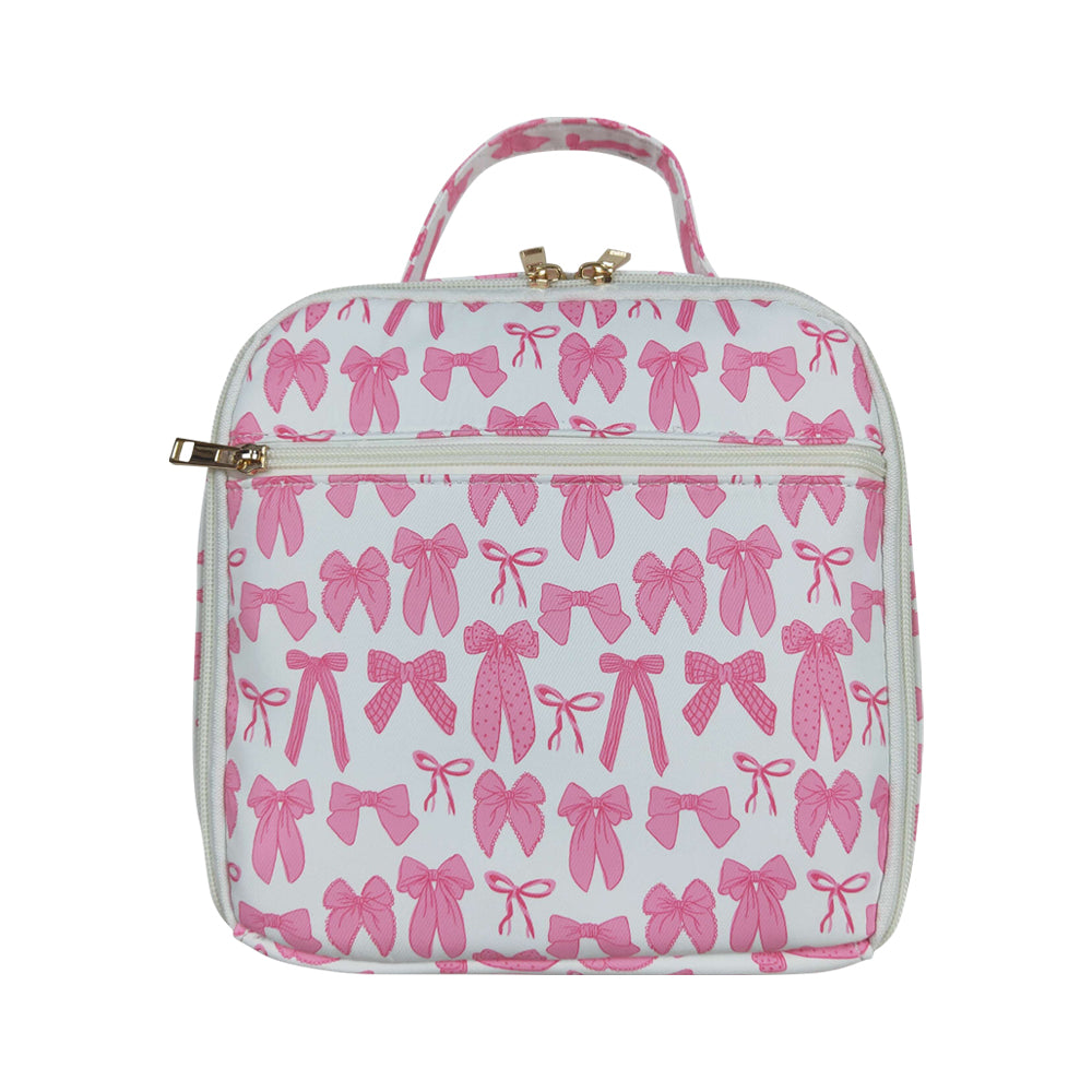 NO MOQ RTS BA0284 Kids Bag Pink Bow Allover Print Portable Insulated Lunch Bag 202610