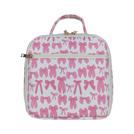 NO MOQ RTS BA0284 Kids Bag Pink Bow Allover Print Portable Insulated Lunch Bag 202610