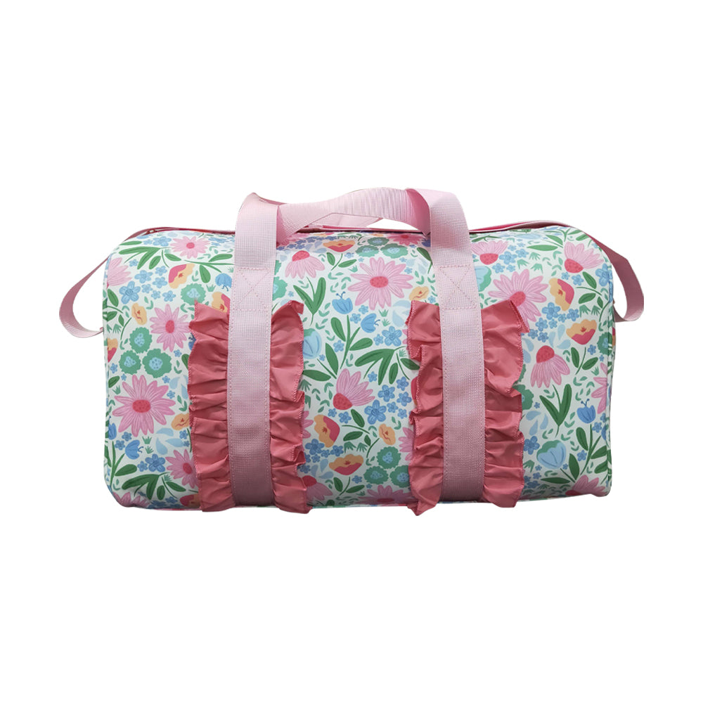 NO MOQ RTS BA0290 Kids Bag Bright Floral Print Pink Ruffle Travel Duffle Bag 202610