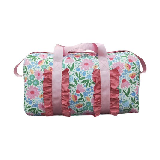 NO MOQ RTS BA0290 Kids Bag Bright Floral Print Pink Ruffle Travel Duffle Bag 202610