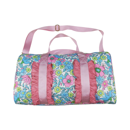 NO MOQ RTS BA0291 Kids Bag Vintage Floral Print Pink Ruffle Travel Duffle Bag 202610