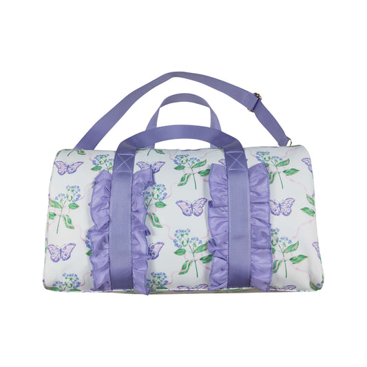NO MOQ RTS BA0293 Kids Bag Butterfly Hydrangea Print Purple Ruffle Travel Duffle Bag 202610