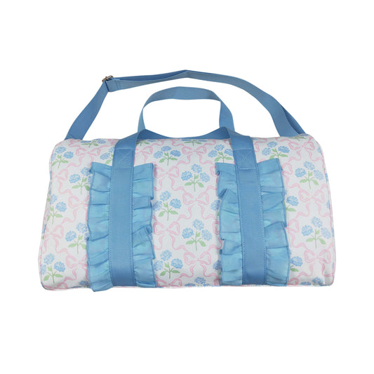 NO MOQ RTS BA0294 Kids Bag Bow Hydrangea Print Blue Ruffle Travel Duffle Bag 202610