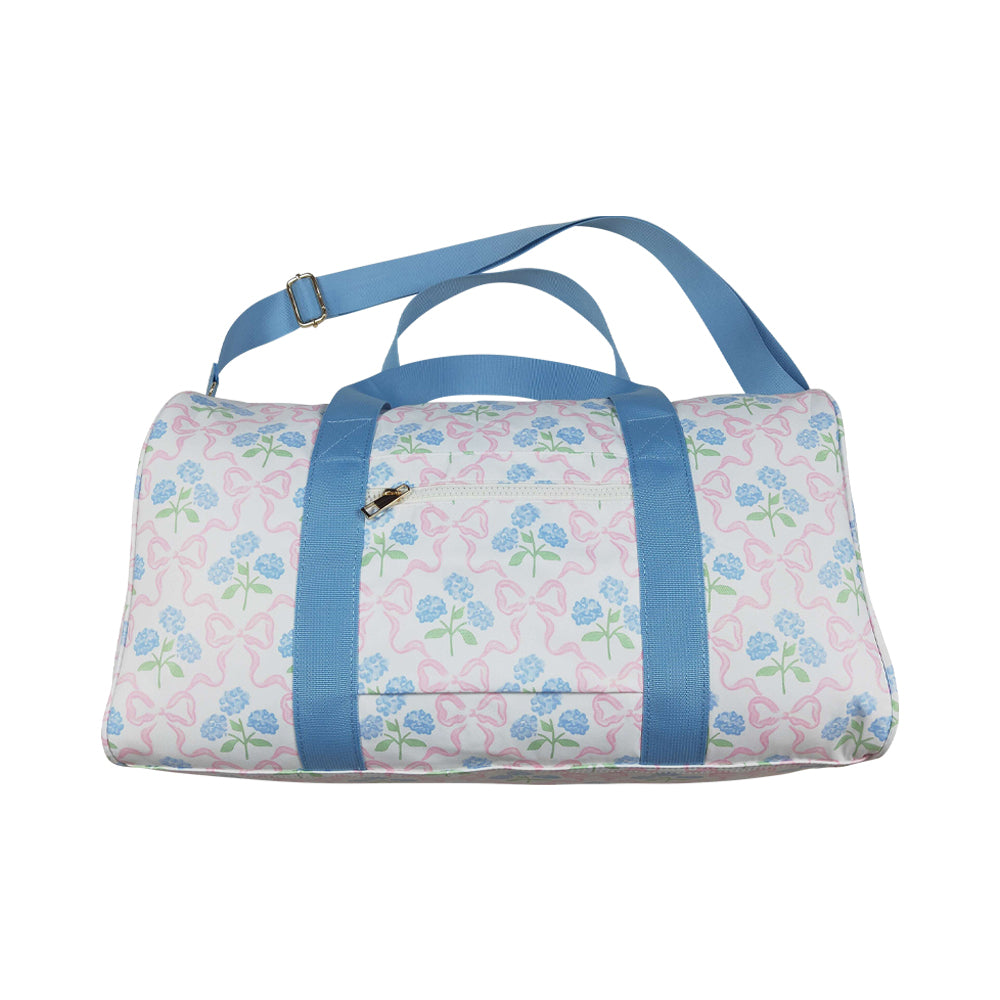 NO MOQ RTS BA0294 Kids Bag Bow Hydrangea Print Blue Ruffle Travel Duffle Bag 202610