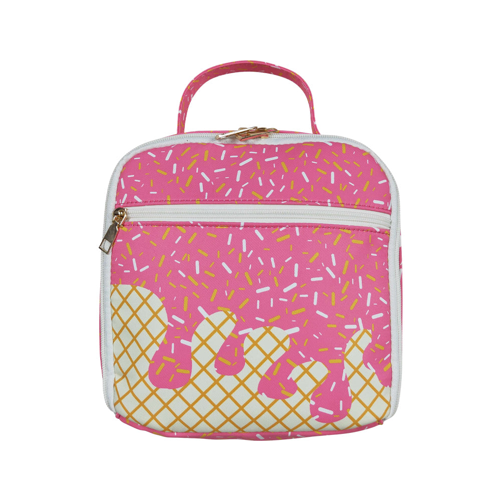 NO MOQ RTS BA0299 Kids Bag Pink Ice Cream Waffle Sprinkle Mixed Print Portable Insulated Lunch Bag 202610