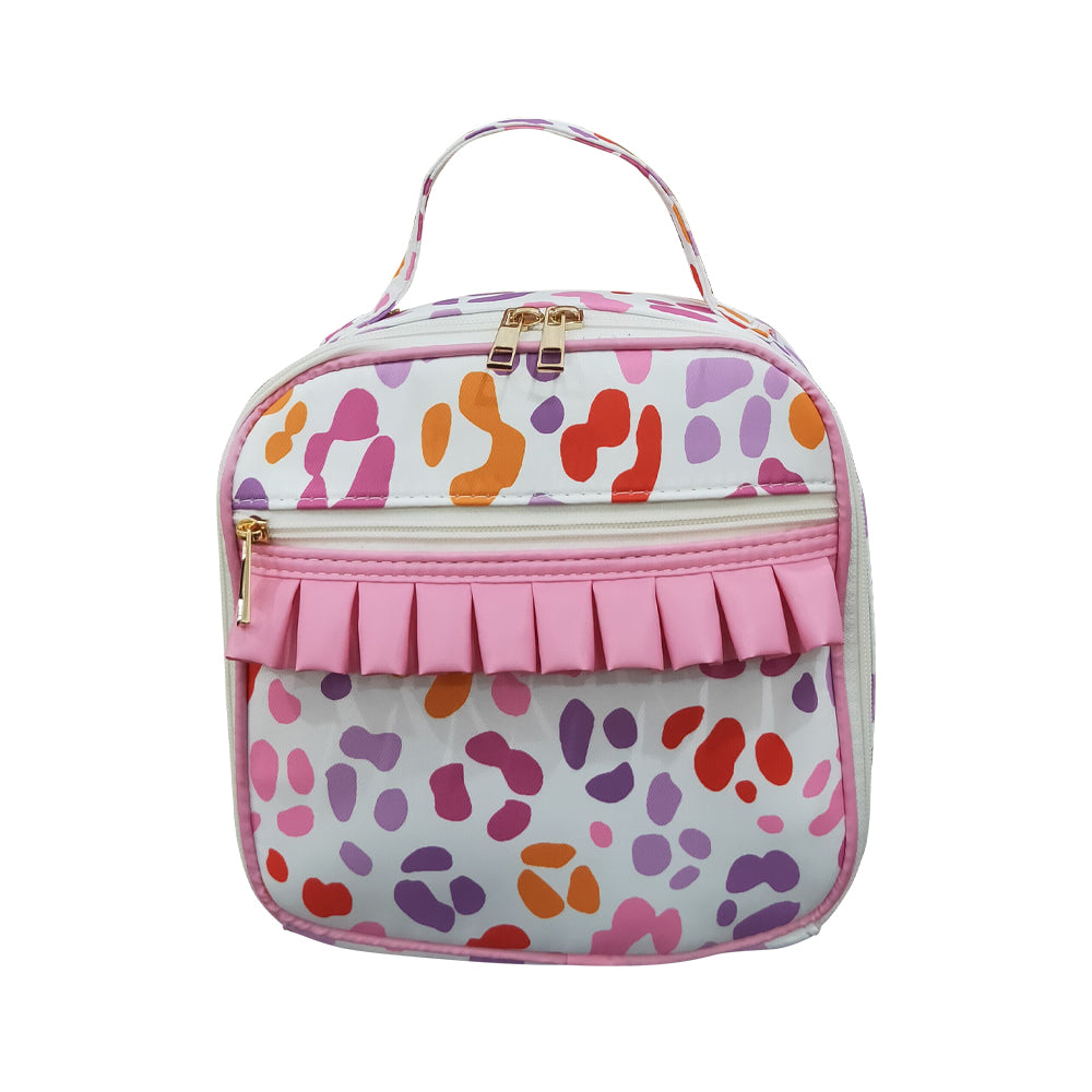 NO MOQ RTS BA0309(5) Kids Bag Colorful Cow Print Pink Ruffle Portable Insulated Lunch Bag 202610